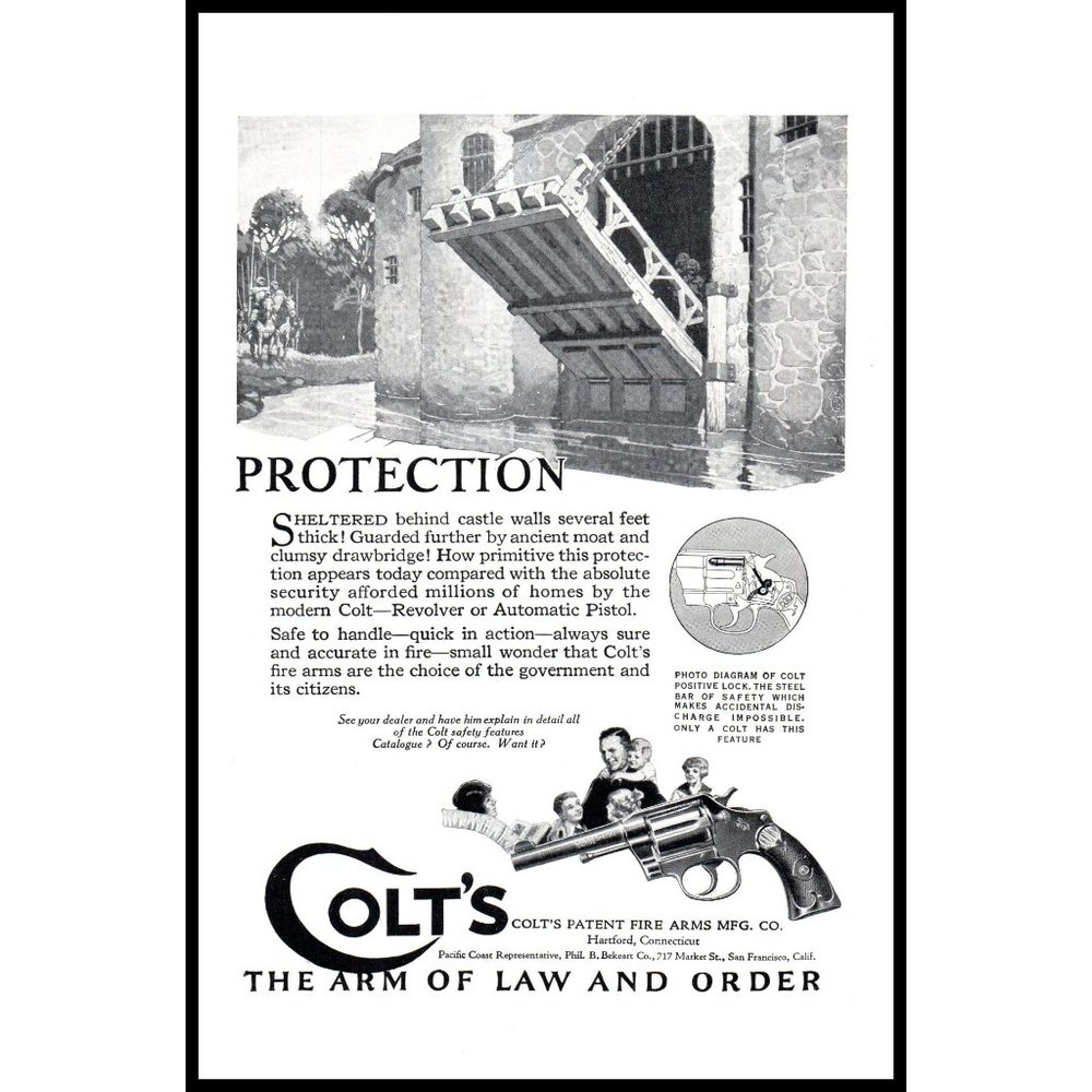 1924 Colt Revolver Vintage Print Ad Protection Castle Drawbridge Moat Wall Art